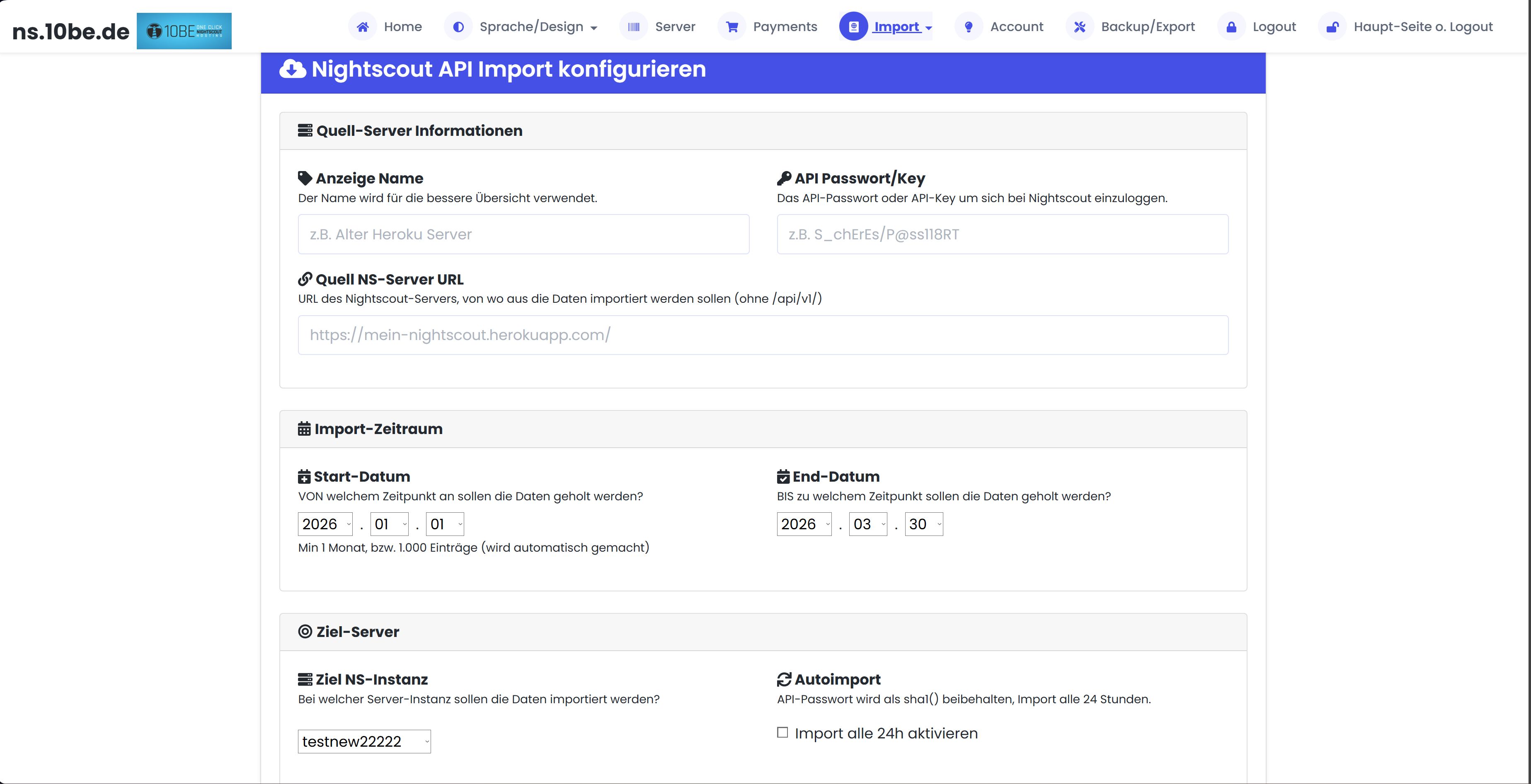 ns.10be.de Nightscout API import configuration