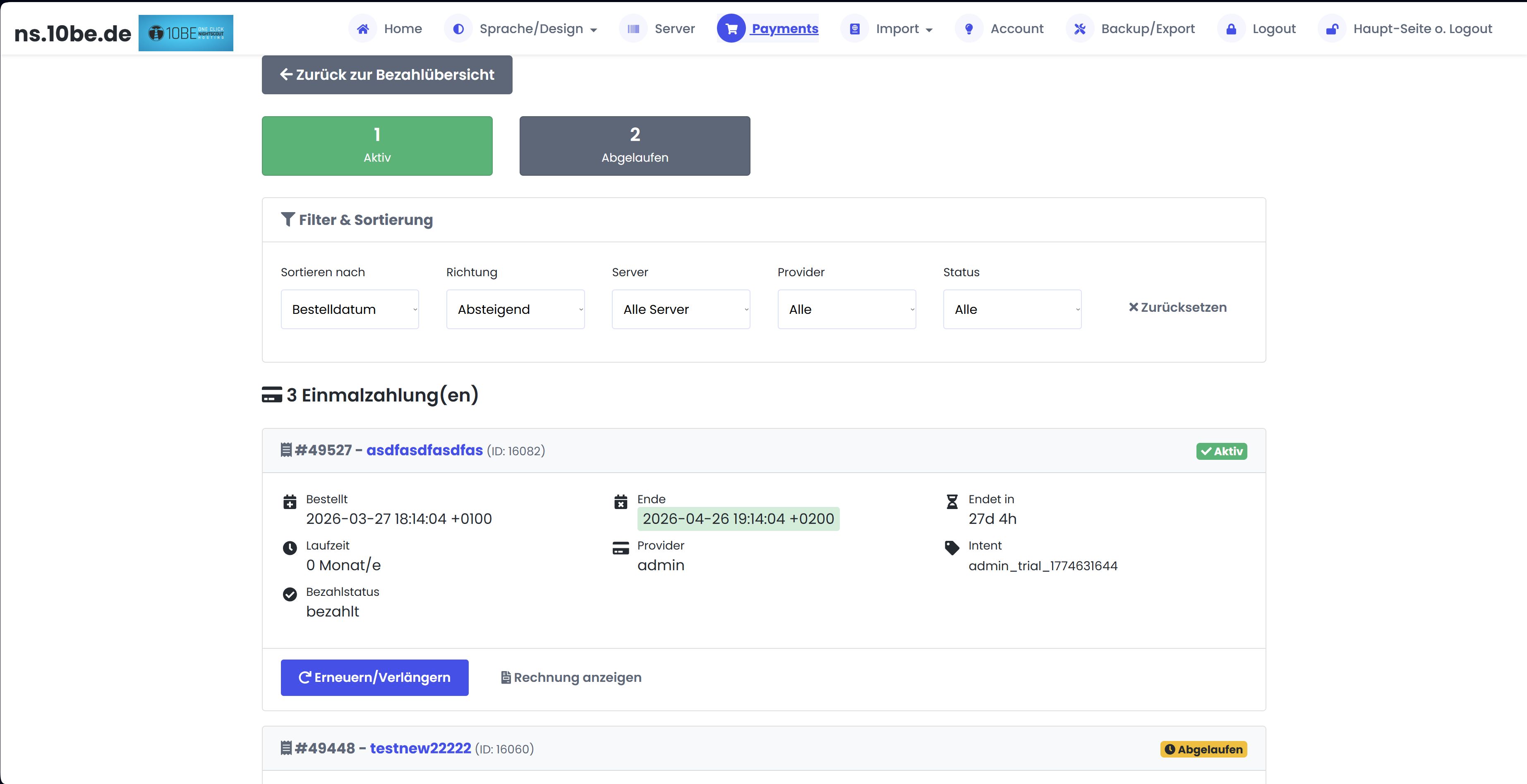 ns.10be.de Payment overview with single payments