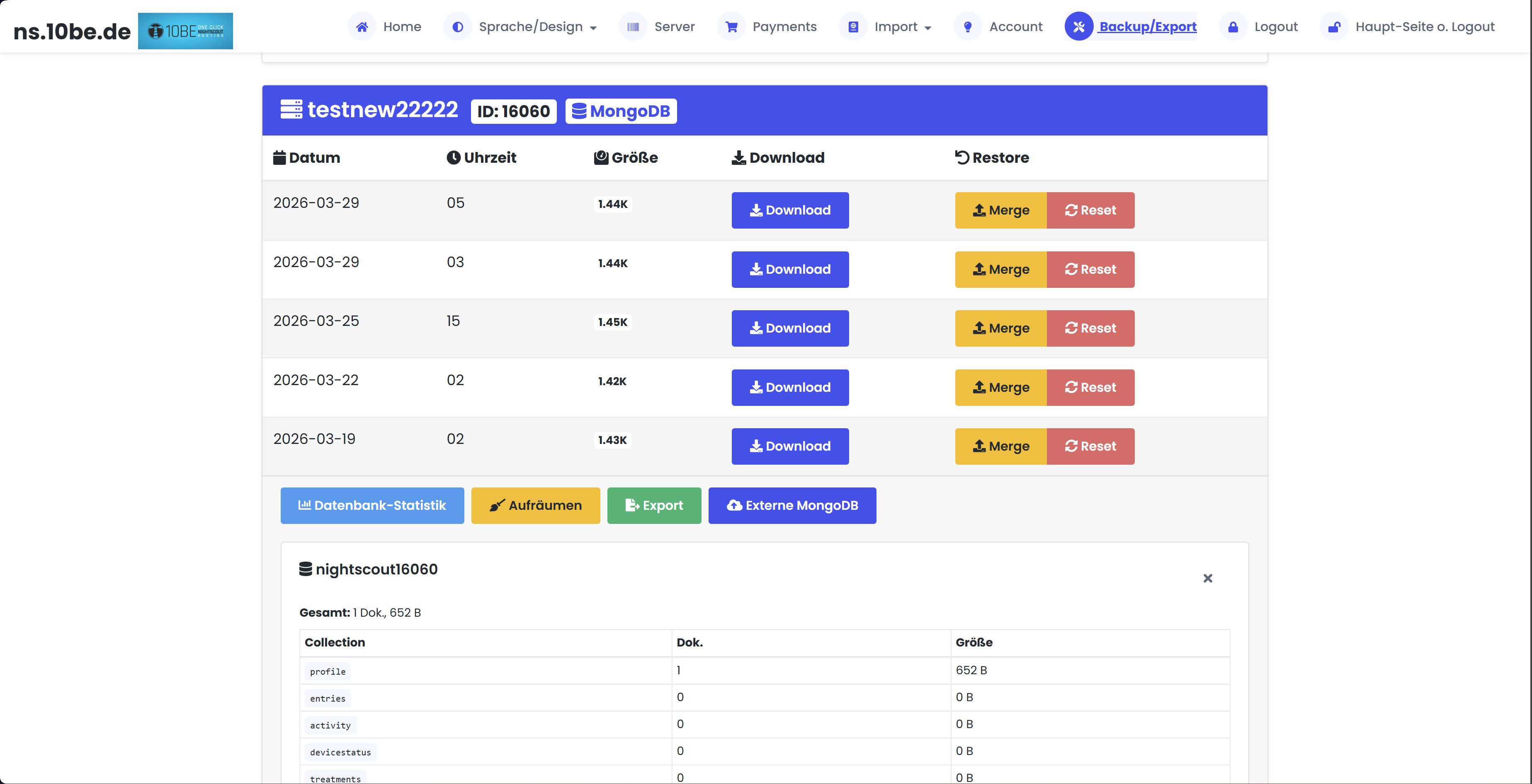 ns.10be.de Backup management with download and restore