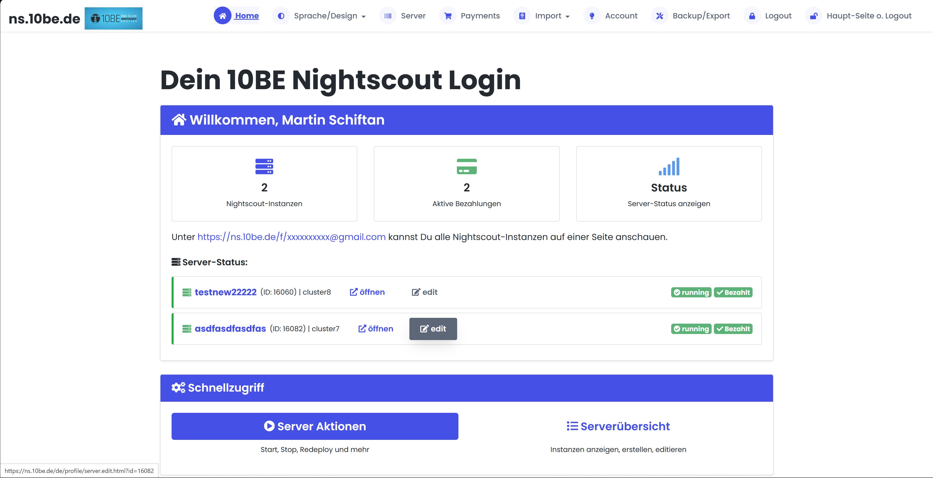 ns.10be.de Dashboard after login