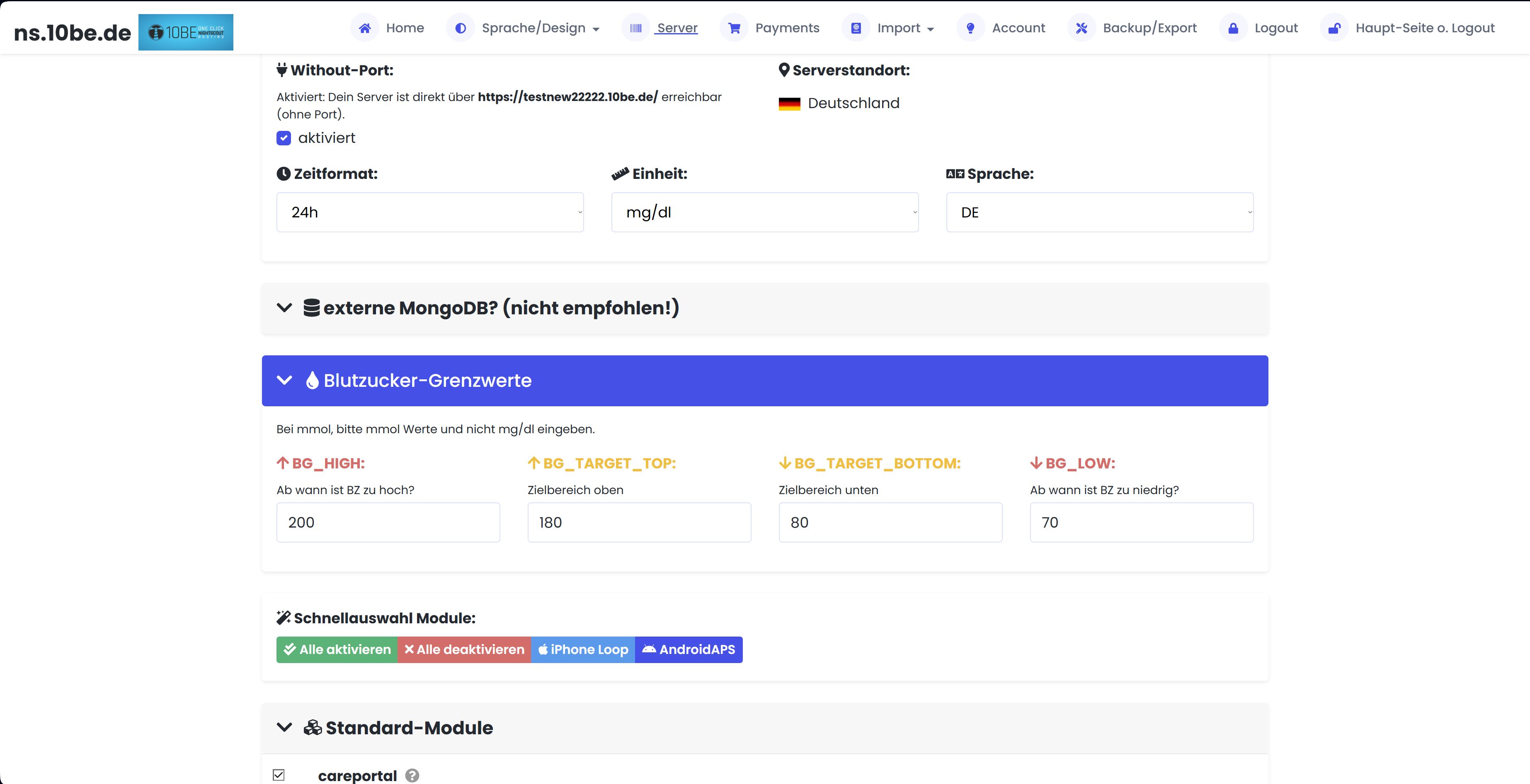 ns.10be.de Server configuration with plugins and thresholds